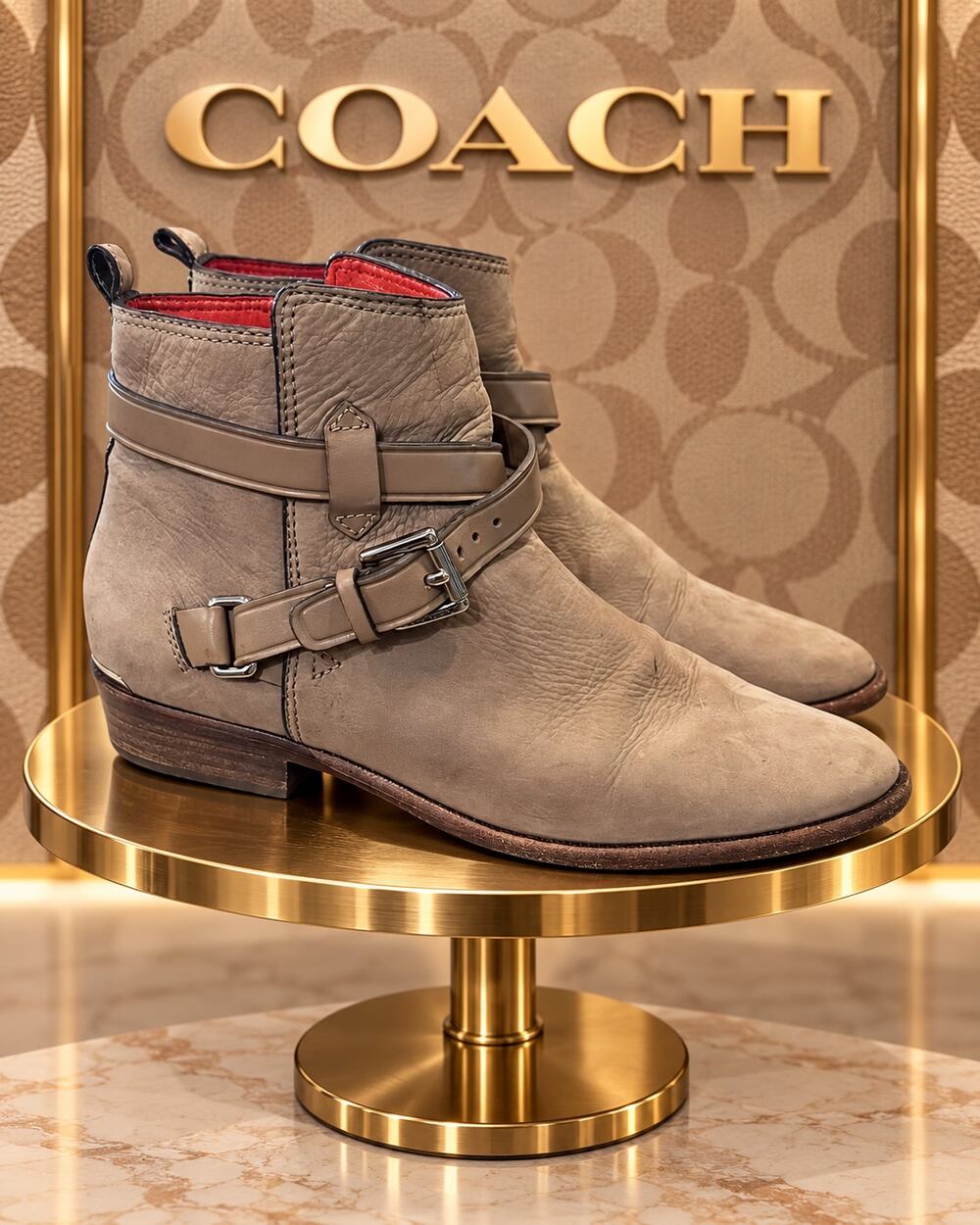Coach Leoda Taupe Suede Leather Buckle Ankle Boots Women’s 8.5